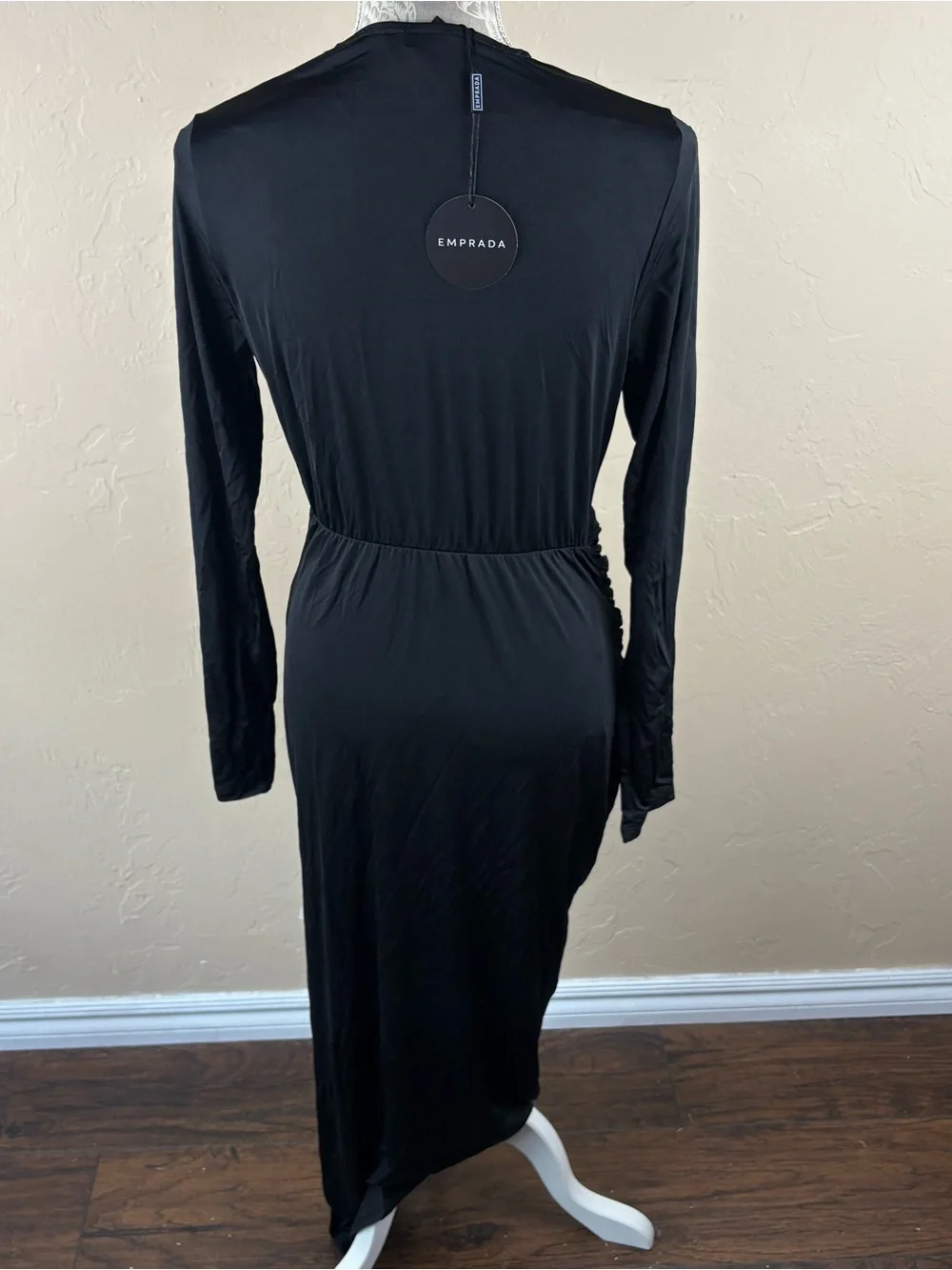 NWT Emprada Black Maxi Long Dress Ruched Twisted Deep V-neck Elegant Women Large - Picture 6 of 10